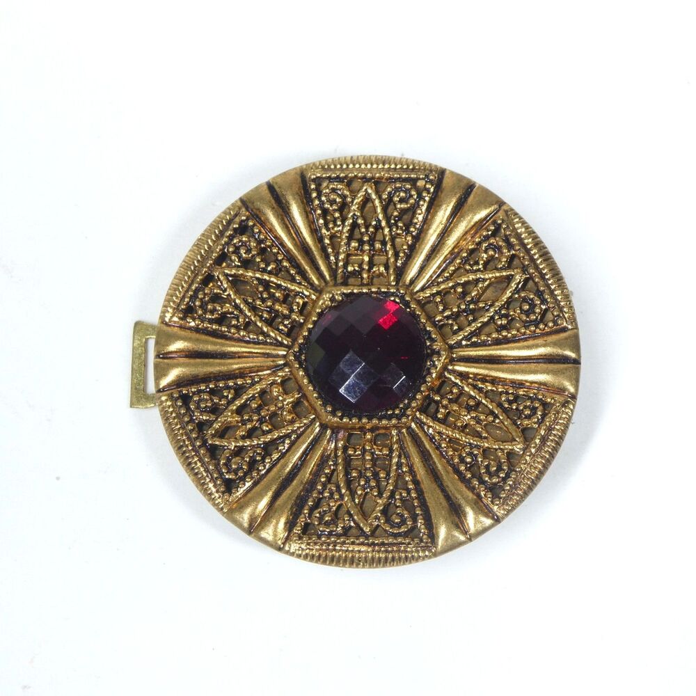 Brass Filigree Textured Buckle Made in Czechoslovakia Red Gem Vintage